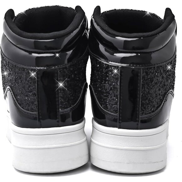 Women's Black Shiny Glitter Sequin Shoes High Top Sneakers Fashion Bling - Picture 5 of 6